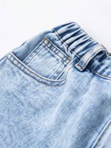 SHEIN Tween Girls Y2K Style Vintage Washed Casual All-Match Versatile Sweet Bow & Graffiti Print Elements Simple Fashion Loose Straight Leg Everyday Denim Jeans, School, Campus, College Summer Holiday - Light Wash - View 7