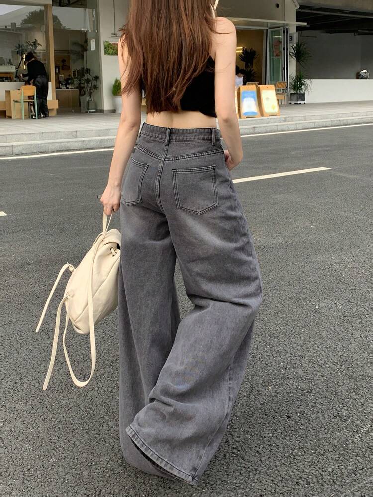 Casual Distressed Wide Leg Loose Denim Jeans Low Rise Jeans