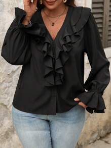 SHEIN VCAY Plus Size Women Holiday Jednolity Kolor Falbana U dołu Bluzka Z Rozszerzanymi Rękawami