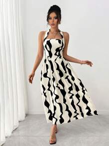 Calvaya Vestido de línea A con cuello de corbata y estampado geométrico elegante para vacaciones, primavera/verano