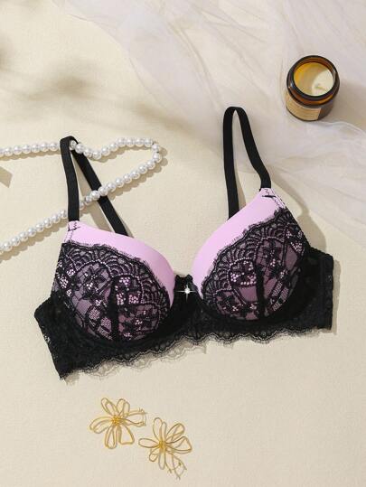 Esselle 1pc Women Lace Patchwork Sexy Push Up Romantic Small Bust Enhancing Wire-Supported Lingerie Bra