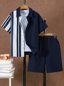 SHEIN Set de 2 piezas de camisa de manga corta con cuello a rayas y pantalones cortos casuales para niños adolescentes, ropa de verano para uso deportivo y de fiesta