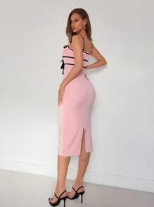 Roylia Women Elegant Sweet Bowknot Striped Fitted Back Slit Knit Sweater Dress