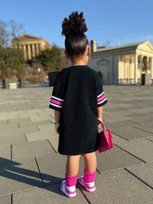 Young Girl Fashion Street Style Round Neck Numeric Print Jumper Dress, Pink, Black - Black - View 2