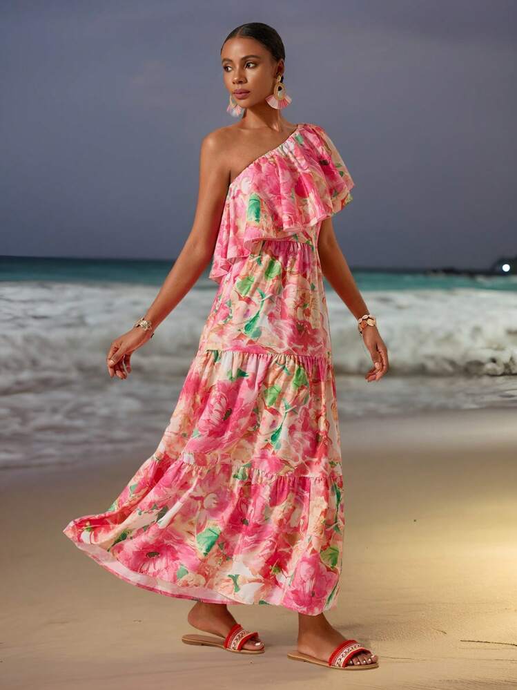 Slaydiva 新款春夏度假休闲单肩荷叶边花卉印花浪漫长裙 - B - 粉色 - 查看 1