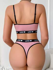 Women Letter Intarsia Contrasting Trim Lingerie Set - Dusty Pink - View 5