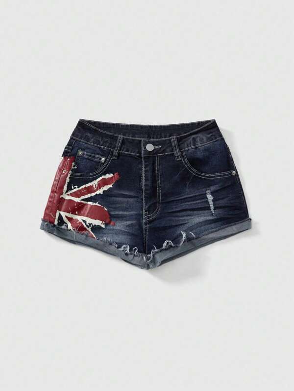 ROMWE Grunge Punk Independence Day National Flag Print Y2K Vintage Sexy Low Waist Women Denim Shorts For Summer Concert Festival Outfits