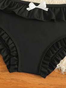 2pcs/Set Little Girls Adorable Pink Swimsuit Set, Bowknot, Ruffle Straps & Trim, Tankini & Bottoms - Black - View 3