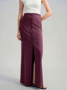 Ontre Women's Four-Season Fig Color Simple Skirt, Elegant Casual Commuter Skirt, Front Button Super Slit Long Skirt