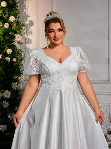 Glamrae Plus Size Elegant & Romantic V-Neck Puff Sleeve Sequins Mesh Patchwork A-Line Wedding Dress, Bride - White - View 1