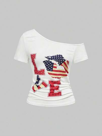 ROMWE Avant T-shirt asymétrique à col pour femmes avec imprimé drapeau, amour et lèvres, concert