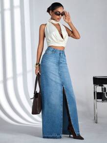 CasuGlow Women'S Denim High Slit Skirt - Light Wash - View 3