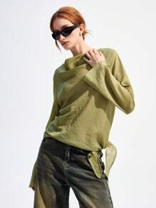 LYSMO 女式简约垂褶领口 T 恤，带开衩设计 - 綠色 - 查看 3