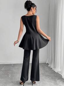 Modelyn Ensemble de 2 pièces top et pantalon de couleur unie élégant pour les déplacements avec ceinture taille - Noir - Voir 4