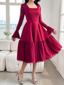 Modelyn Women's Mid-Length Solid Color Long Sleeve Square Neck Dress, Simple And Fashionable, Suitable For Summer - Red - View 5