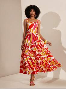 Slaydiva Nuevo vestido largo de verano y primavera informal de vacaciones con estampado de planta y multicapa - Blanco - Ver 1