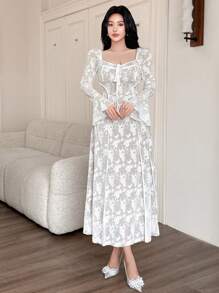 DAZY Sukienka imprezowa damska na wiosnę i lato, koronkowa, średniej długości, elegancka, sukienka Milkmaid, falbanka, jesień, zima - Biały - Zobacz 5