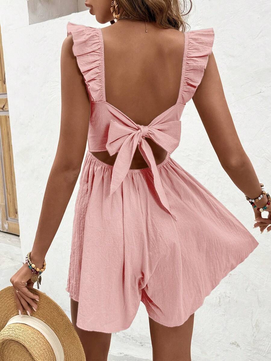 Breezaya 女士休闲度假露背蝴蝶结吊带连体裤，带荷叶边装饰 - 淺粉色 - 查看 1