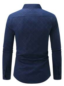 Manfinity Mode 男士纽扣长袖修身商务正装衬衫，长袖男士衬衫，适合秋季 - 藏蓝色 - 查看 2