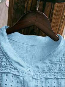 SHEIN LUNE 大码女式蕾丝花边拼布衬衫 - 藍色 - 查看 5