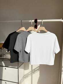 SHEIN EZwear Set de 3 camisetas básicas de manga corta y cuello redondo en tallas grandes de colores variados - Multicolor - Ver 2