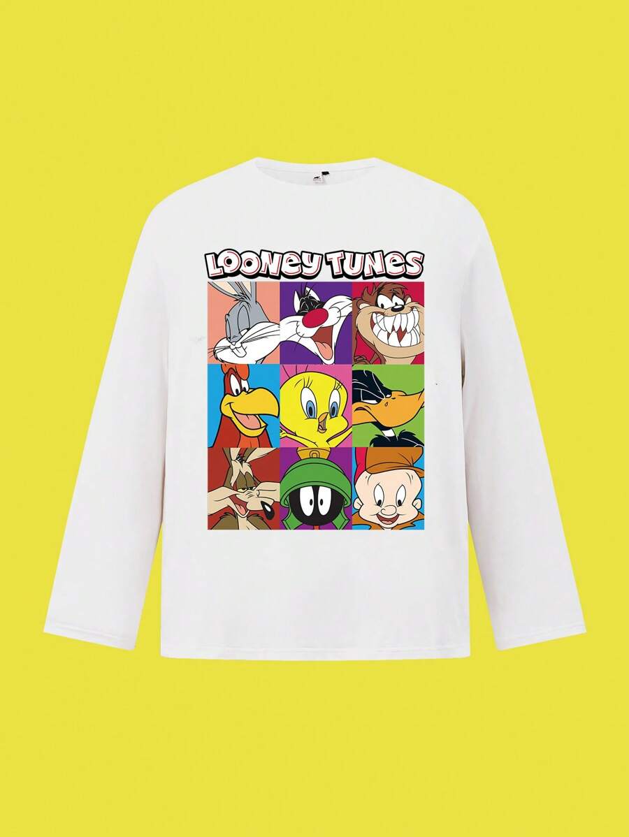 LOONEY TUNES X SHEIN 加大码超大经典多人物大图案英文字母印花崔弟达菲鸭白色 T 恤 - 白色 - 查看 1