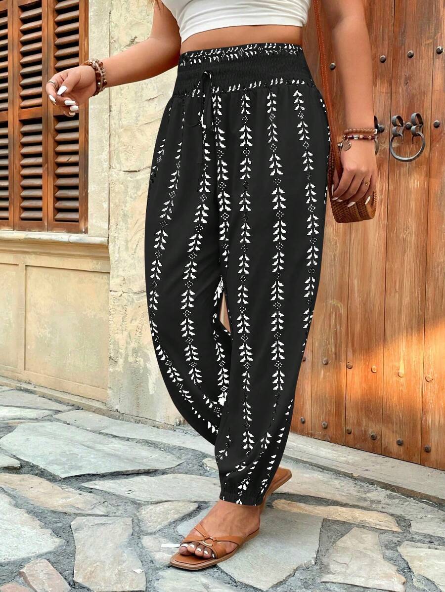 SHEIN LUNE Plus Size Retro Print Elastic Waist Drawstring Casual Vacation Pants Fall Cloth For Women - Black - View 1
