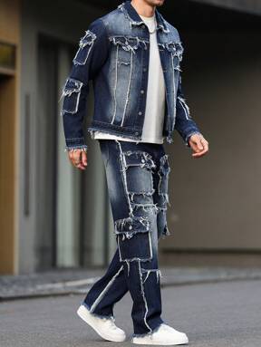 Manfinity LEGND Set jachetă și pantaloni din denim spălat și uzat pentru bărbați, stil emo, haine de toamnă
