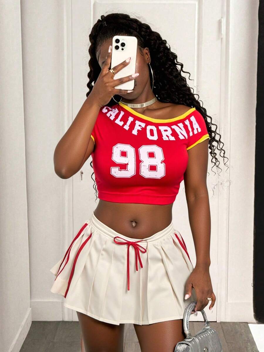 BamGleam Women's Color Block Letter Print Open Shoulder Cropped Fitted T-Shirt - Multicolor - View 1