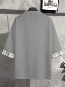 Claim Dot Loose Fit Men's Plaid Cuff Round Neck Casual T-Shirt Men Tops Oversized, For Fall - Grey - View 2