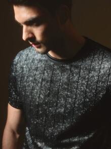 Manfinity ModaGents Camiseta de manga corta de punto holgada con strass, adecuada para uso diario, para jóvenes de moda informal
