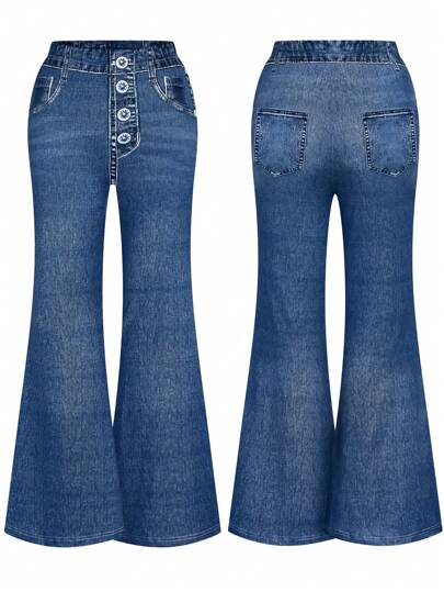 SHEIN LUNE 大码女式牛仔效果印花时尚休闲喇叭裤