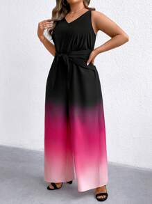 SHEIN Clasi Plus Size Gradient Color Sleeveless Jumpsuit, Summer Casual - Black - View 4