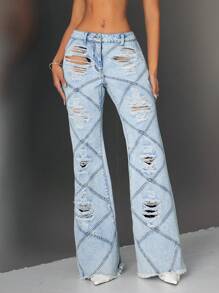 Flirla Women's Casual Extra Long Distressed Denim Jeans With Diamond Stitch Detail And Ripped Design - Blue - View 1