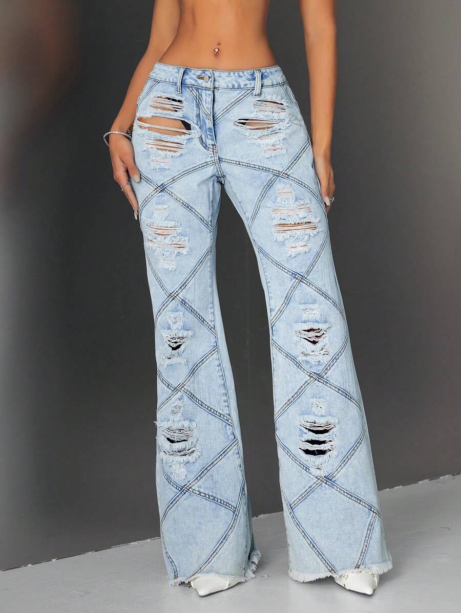 Flirla Women's Casual Extra Long Distressed Denim Jeans With Diamond Stitch Detail And Ripped Design - Blue - View 1