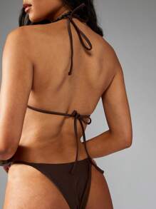 MISSGUIDED Conjunto de bikini metálico premium de dos piezas para uso en resort, con parte superior de corte triangular y Bottom brasileña ajustable, ideal para playa, piscina y vacaciones - Café integral - Ver 7