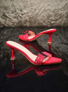 SHUZIA Women's High Heel Mule Sandals With Studded Buckle Wedding Shoes - Red - View 3