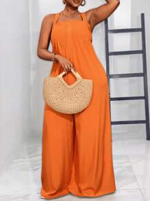 Slaydiva Summer&Beach Plus Size Women Casual & Holiday & Cute Solid Orange Sleeveless Loose Bowknot Wide Leg Pants Plus Size Jumpsuit Women Plus Size Women Clothes Women Clothing Jumpsuit Casual Jumpsuit Plus Size Women Clothes - Orange - View 3
