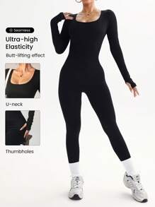 Easithlete Solid Scoop Neck Unitard Jumpsuit Full - Black - View 1