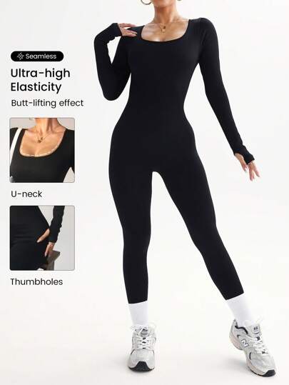 Easithlete Solid Scoop Neck Unitard Jumpsuit Full