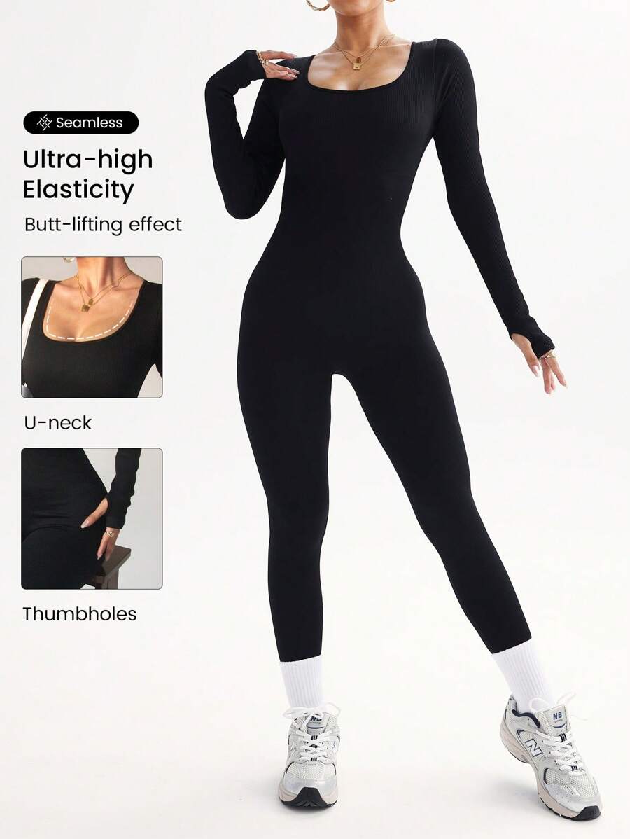 Easithlete Solid Scoop Neck Unitard Jumpsuit Full - Black - View 1