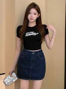 DAZY 女士天然牛仔休闲裙，适合夏季沙滩/运动/休闲牛仔裙 - 深色水洗藍 - 查看 4