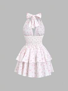 Sweetra Damesjurk met bloemenprint en riem, halternek, vakantiejurk
