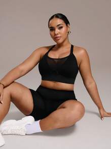 SHEIN Sport Studio Reggiseno sportivo da donna, taglia plus size, con dettagli in rete, toppe, spalline incrociate staccabili e imbottitura, adatto per primavera/estate