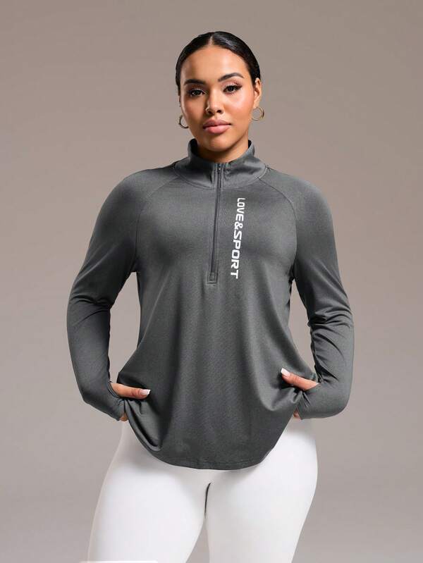 SHEIN Sport Studio Sweat-shirt zippé à manches longues et imprimé pour femmes grandes tailles