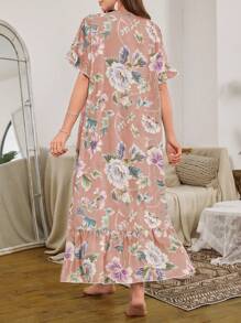SHEIN Ruffled Hem Floral Print Long Nightgown - Multicolor - View 2