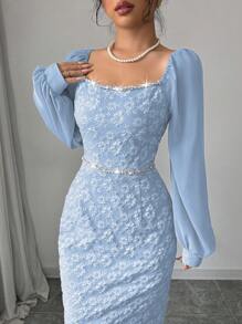 Modelyn 女士优雅提花拼布链条装饰紧身连衣裙