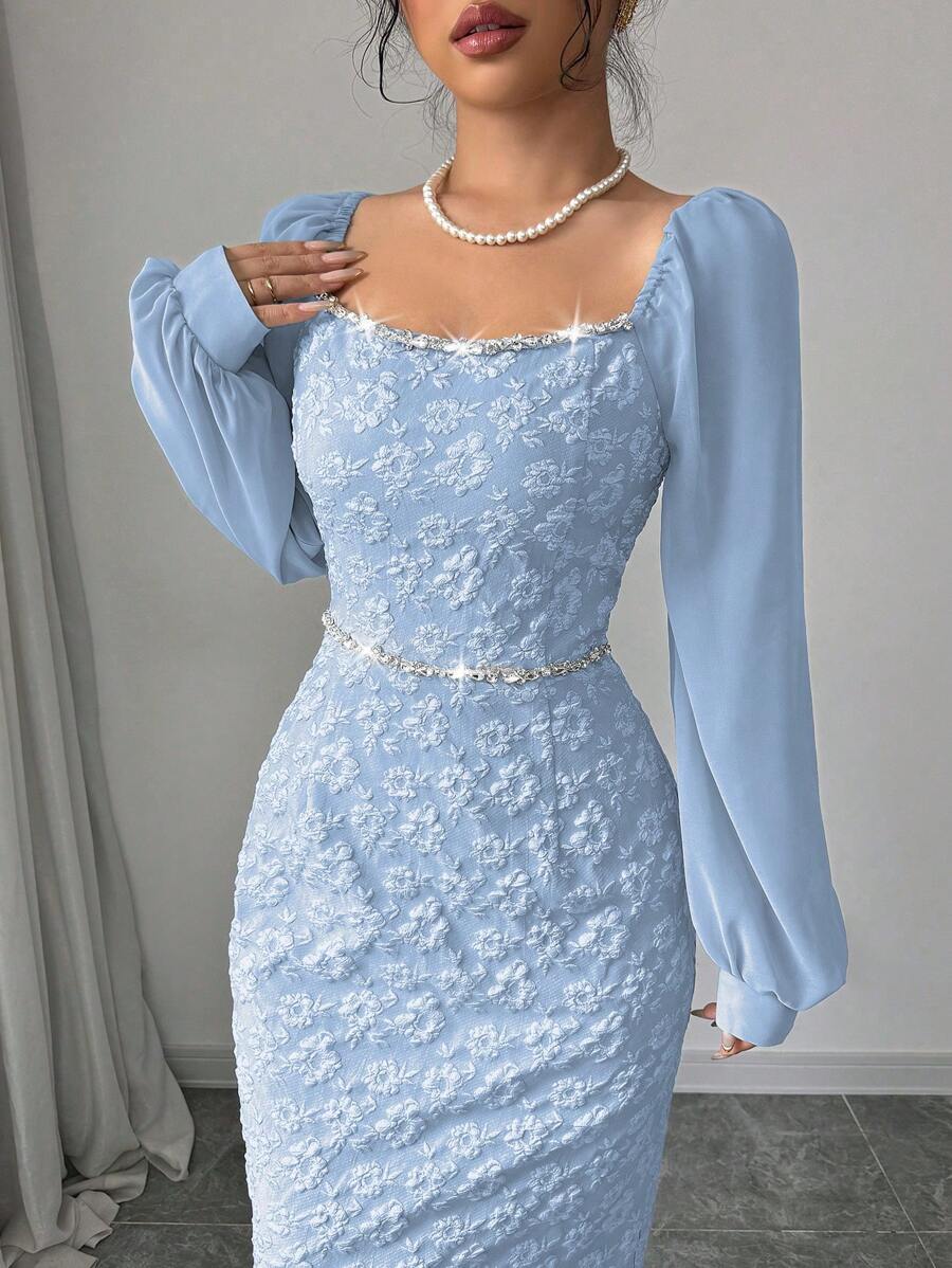 Modelyn 女士优雅提花拼布链条装饰紧身连衣裙