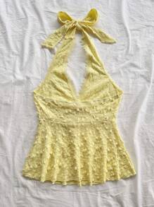 Soleia 女士度假针织圆点提花纹理 V 领系带前露背 A 字背心，适合派对、约会、情人节、下午茶 - 芥末黃 - 查看 2