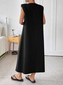 SHEIN EZwear Black Knit Women's Casual Loose Fit Round Neck Mini Dress - Black - View 2